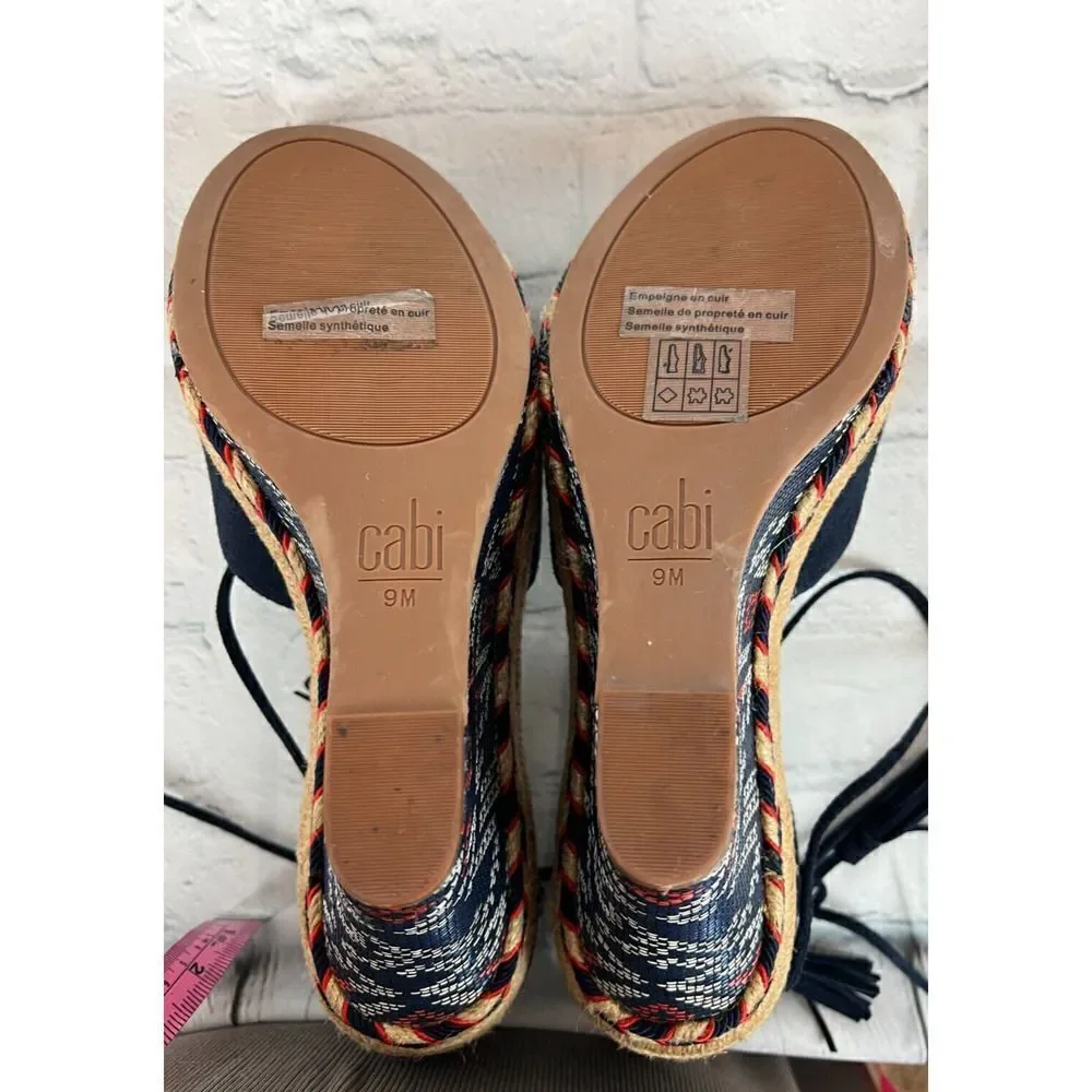 CABI boho navy blue Isla leather suede wedge espadrille tassels sandals size 9M